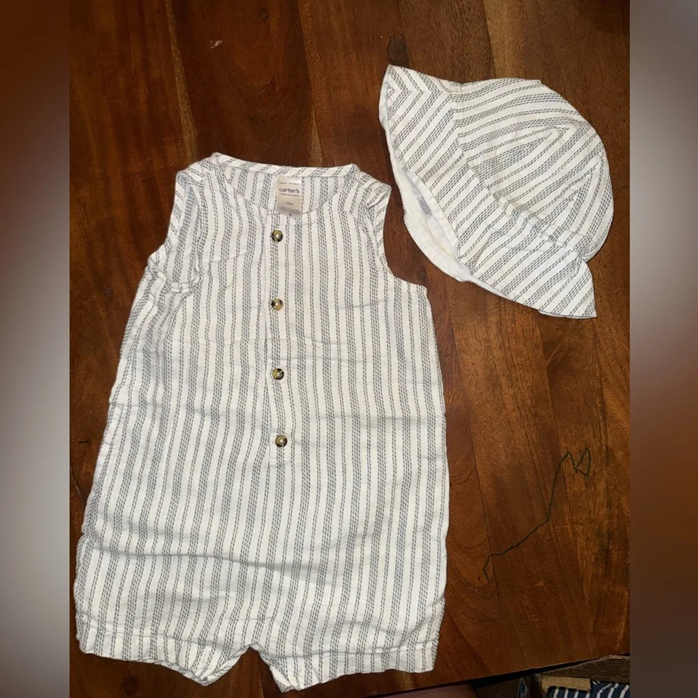 Carter's White and Gray‎ Striped Baby Romper with Hat